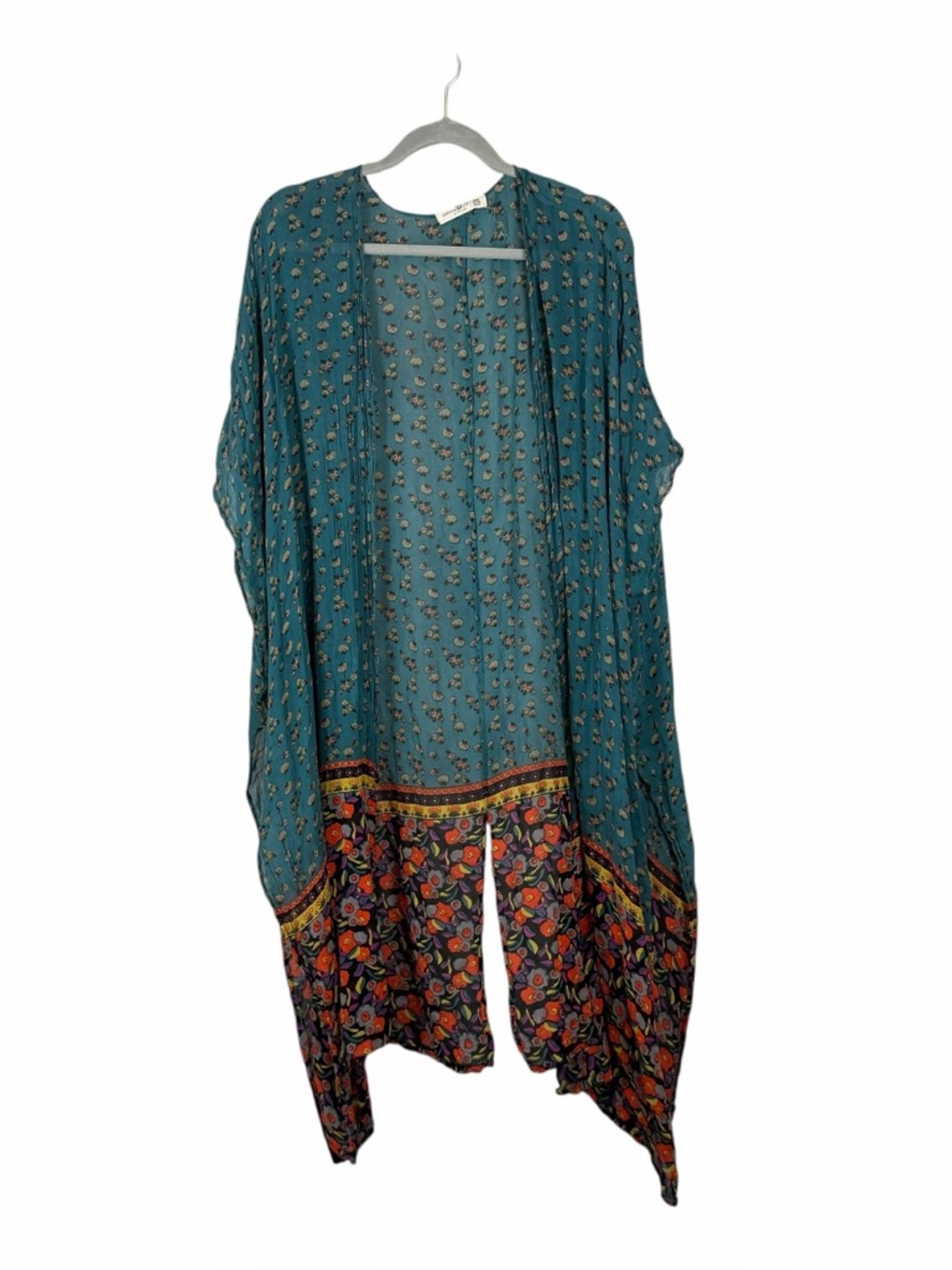 Natural Life Teal Floral Boho Open Front Kimono One Size